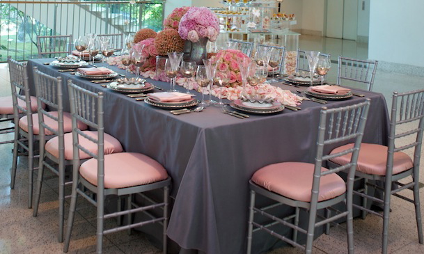 Gunmetal Bengaline & Pink Lamour Elastic Chair Pad Covers photo by Arden Photography
